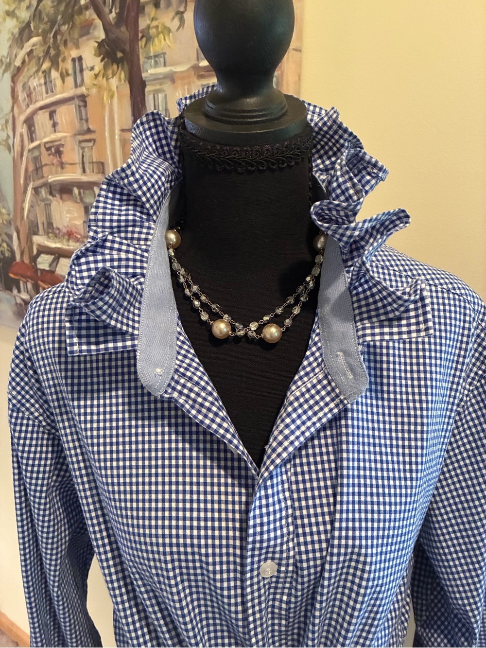 Nautica Blue and White Gingham Button-Down Shirt with Ruffle Collar - Picture 3 of 6